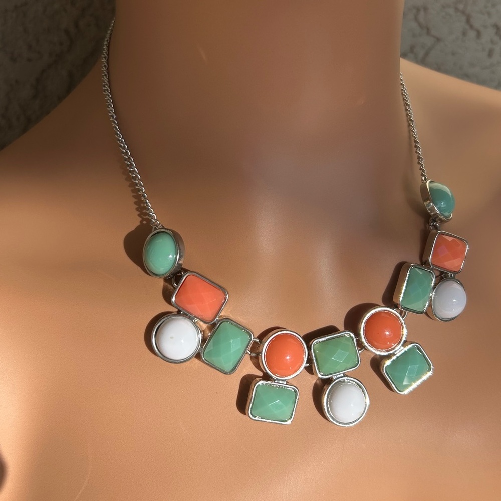 Charming Charlie Silver-tone Orange, Green, White Bib Style Statement Necklace